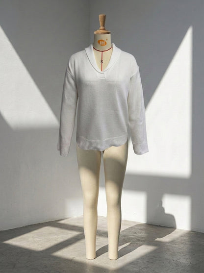 Women's Shawl Collar V-Neck Knit Sweater | Casual Solid Color Long Sleeve Pullover Top