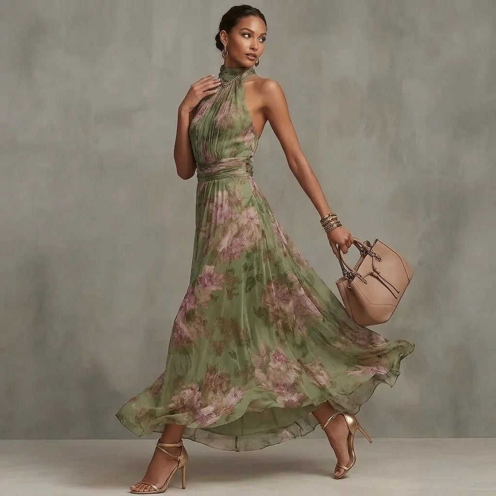 Pleated Halter Neck Summer Dress - Lightweight Sheer Layering Sundress
