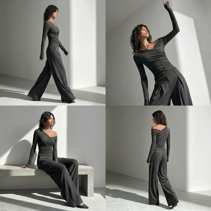 Avant-Garde Asymmetric Knit Set | Ruched Off-Shoulder Top & Pleated Wide-Leg Pants sets