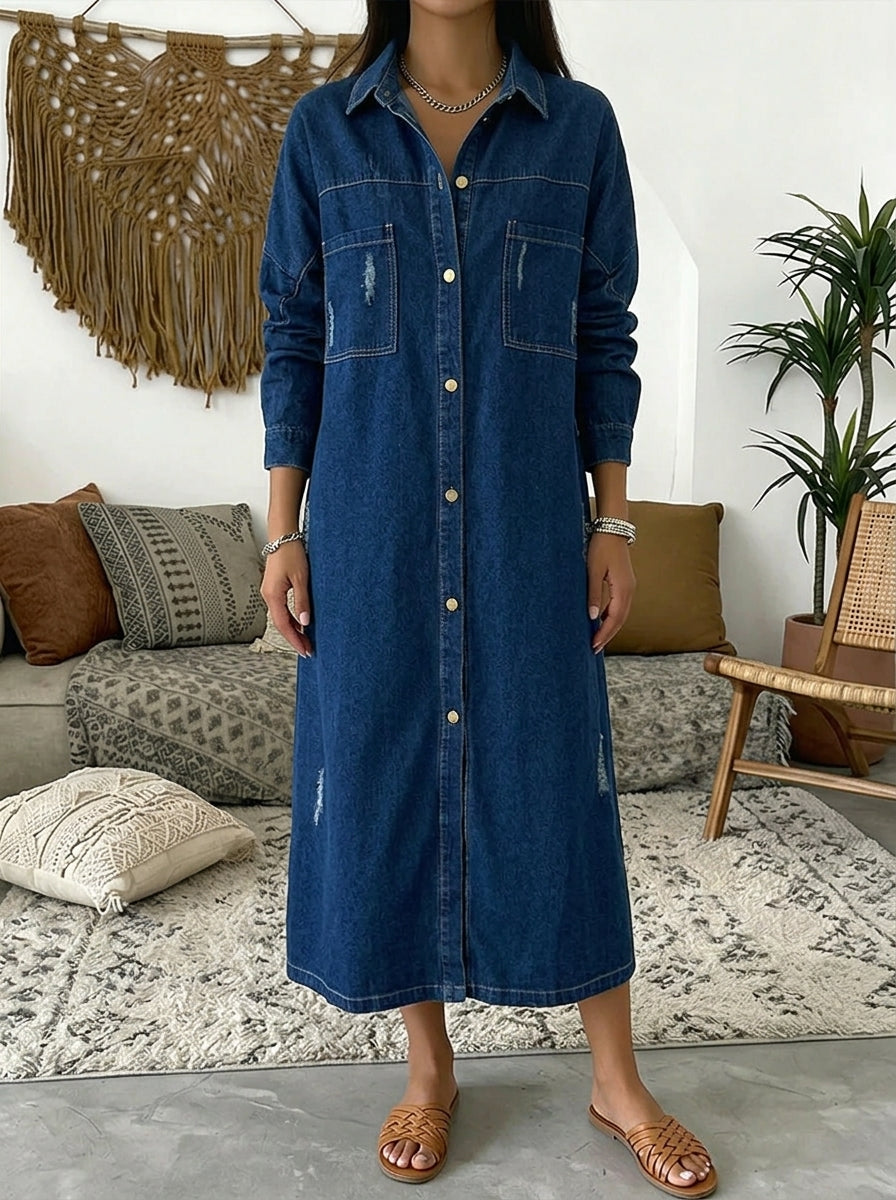 Women's Long Sleeve Denim Shirt Dress | Casual Distressed Button-Down Jean Maxi Gown