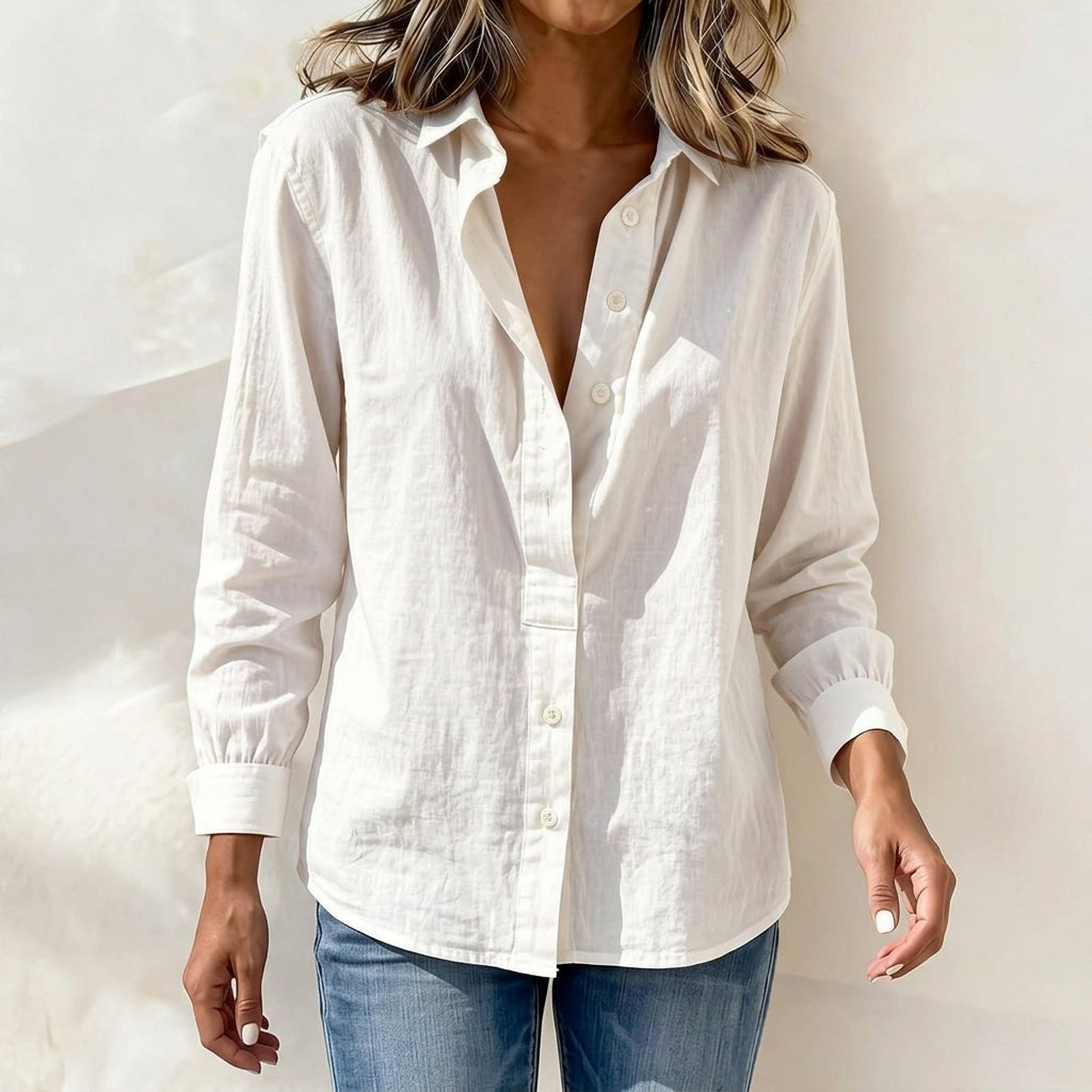 Casual Half-Button Slub Cotton Linen Blouse | Long Sleeve V-Neck Resort Shirt