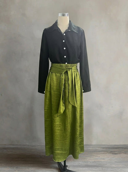 Elegant Colorblock 2-Piece Resort Set - Button-Down Shirt & High-Waist Tie-Wrap Maxi Skirt Set