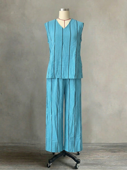 Women's Vertical Striped Linen 2-Piece Set | Casual V-Neck Sleeveless Top & Wide Leg Pants Suit