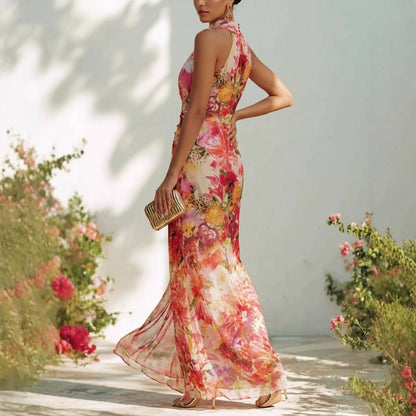Italian Garden Style Floral Long Dress | Luxury High Waist Flowy Resort Maxi Dress