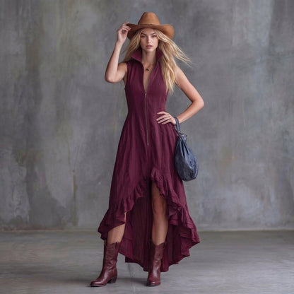 Women's High-Low Ruffle Maxi Dress - Zipper Front Collared Sleeveless Dress