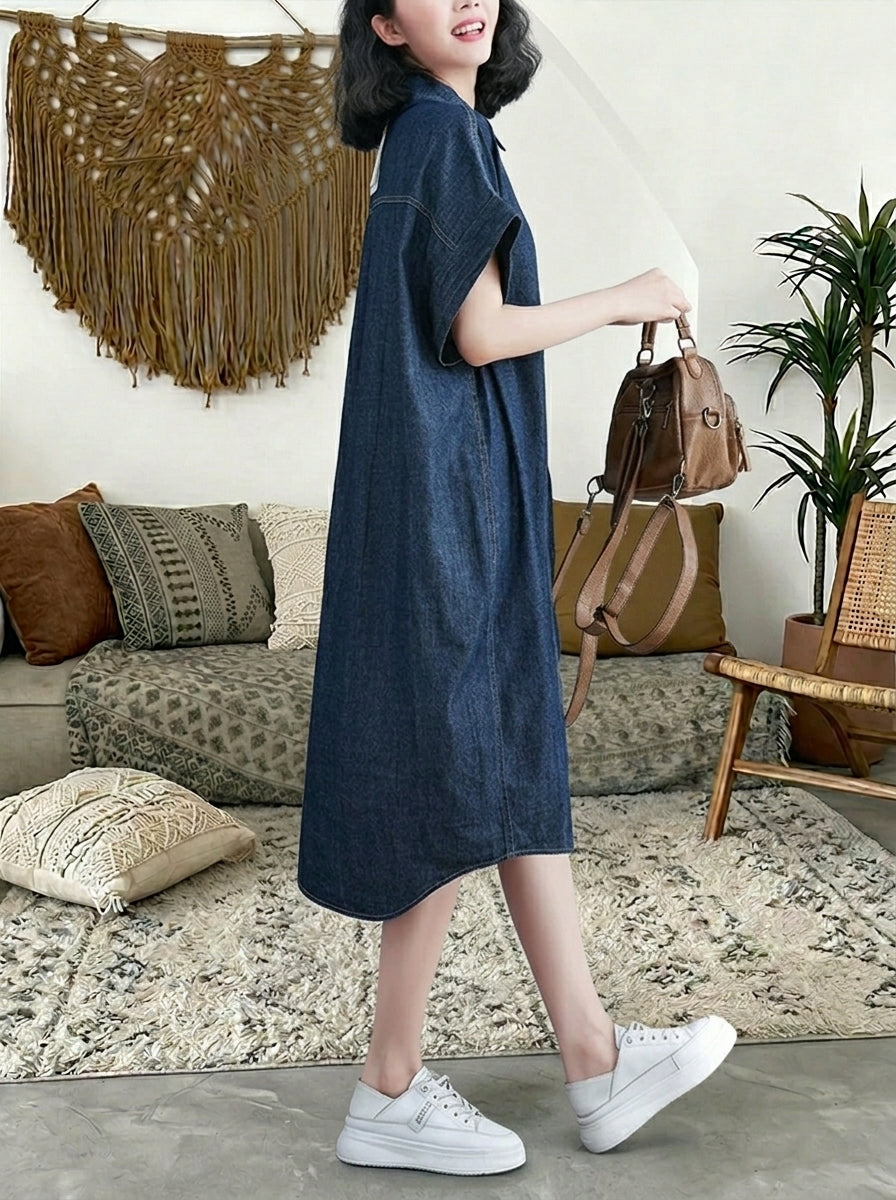 Vintage Oversized Denim Dress for Women - Lightweight Button-Down Polo Neck Dress