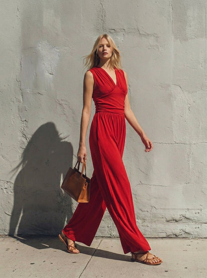 Chic Plunging V-Neck Sleeveless Jumpsuit - Elegant Ruched Waist Ribbed Knit Wide-Leg Romper for Women