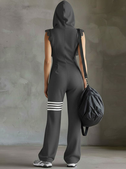 Combinaison à capuche sans manches noire rayée, style sportif rétro avec lacets