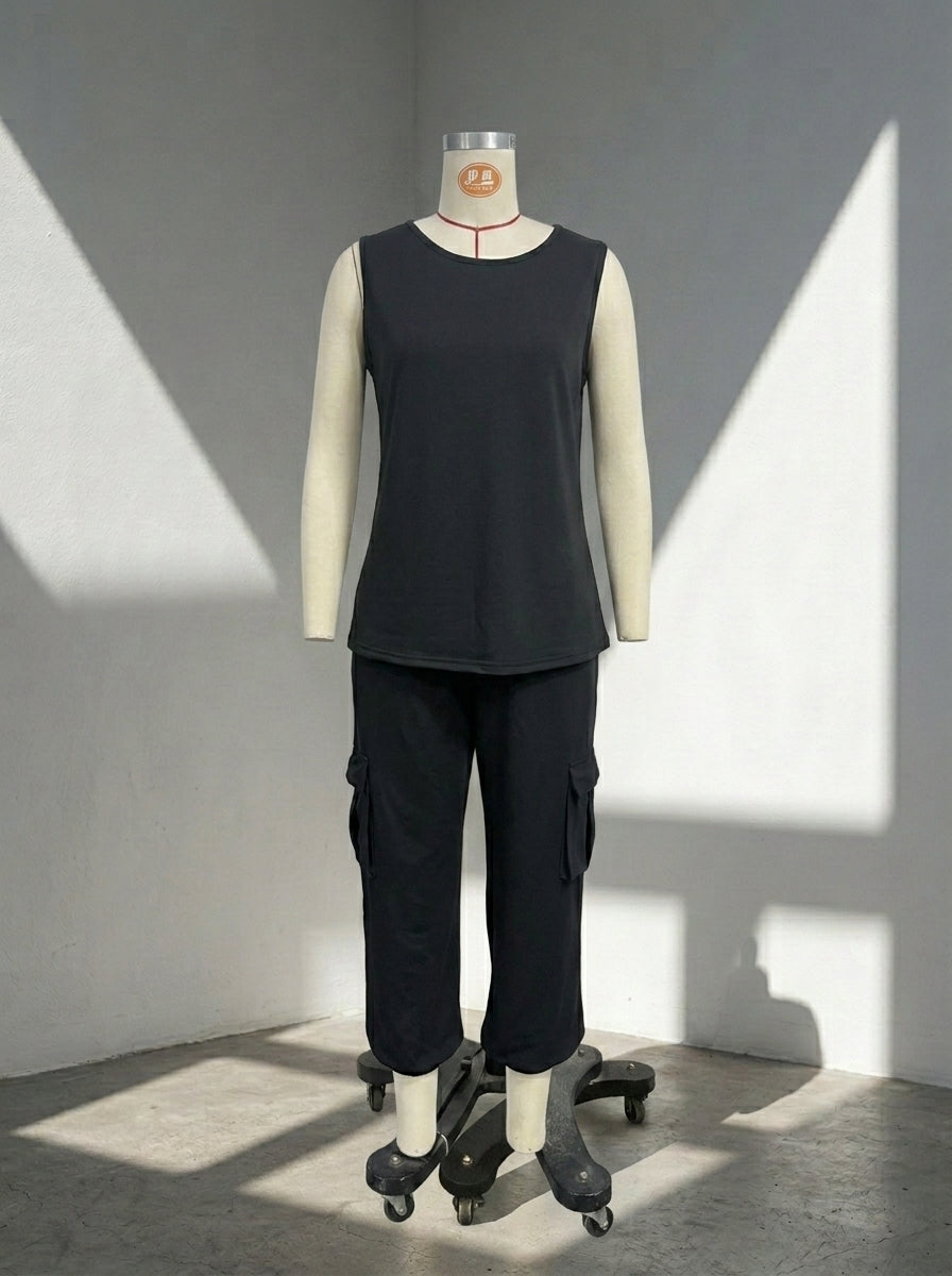 Women's Casual 2-Piece Lounge Set | Sleeveless Knit Tank Top & Cargo Capri Pants Suit