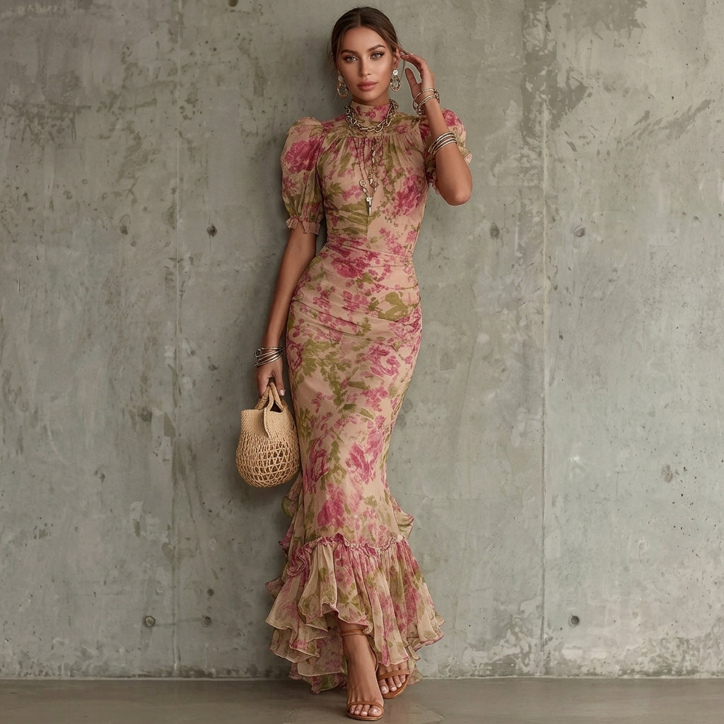 Robe longue en mousseline florale pour femme - Robe sirène à col montant et manches bouffantes