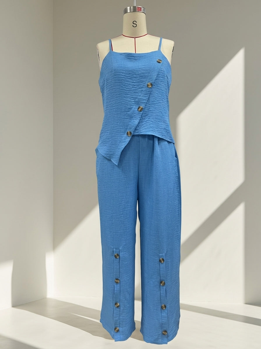 Chic Asymmetric Camisole & Button-Detailed Wide Leg Pants 2-Piece Linen Blend Lounge Set
