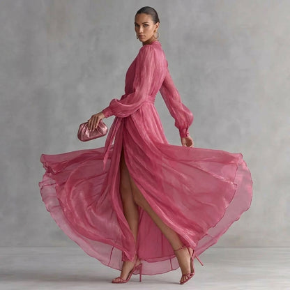 Women's Shimmer Chiffon Maxi Dress - Elegant V-Neck High Split Long Gown