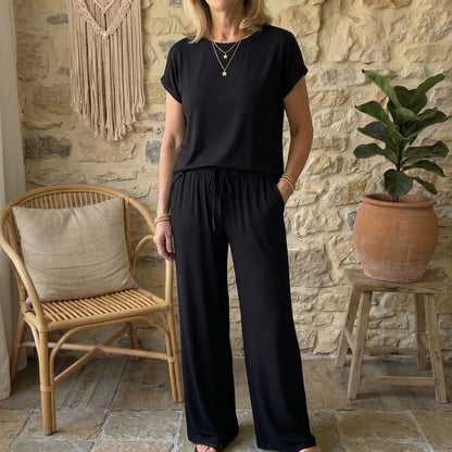 Women's Modal 2-Piece Lounge Set - Cap Sleeve Tee & Wide Leg Pants Pajama Set
