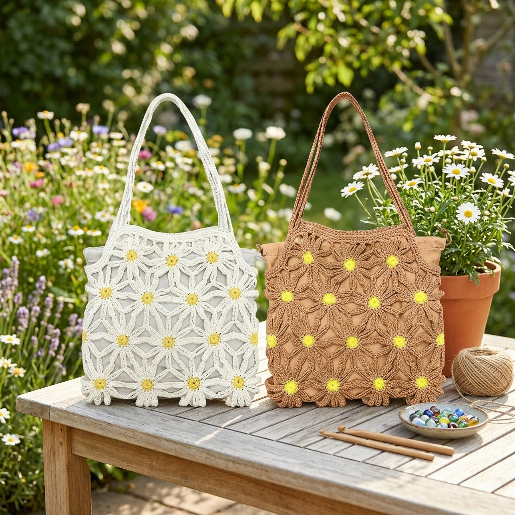 Bohemian Daisy Crochet Tote Bag - Handmade Hollow-Out Floral Knit Beach Shoulder Purse with Inner Pouch