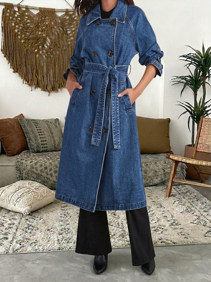 Women's Long Denim Trench Coat with Belt | Loose Fit Washed Black Jean Duster Jacket Tie-Waist Outwear