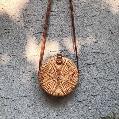 Handmade Round Rattan Crossbody Bag - Vintage Woven Straw Beach & Travel Shoulder Purse