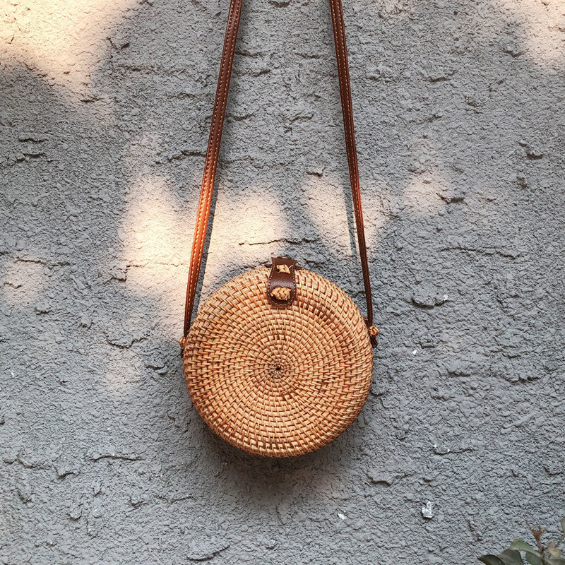 Handmade Round Rattan Crossbody Bag - Vintage Woven Straw Beach & Travel Shoulder Purse