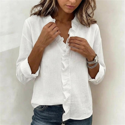 Cascading Ruffle Front Long Sleeve Shirt | Breathable Slub Cotton-Linen Blouse