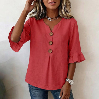 Casual 3/4 Sleeve Cotton Linen Shirt | Boho V-Neck Tunic with Wood Buttons