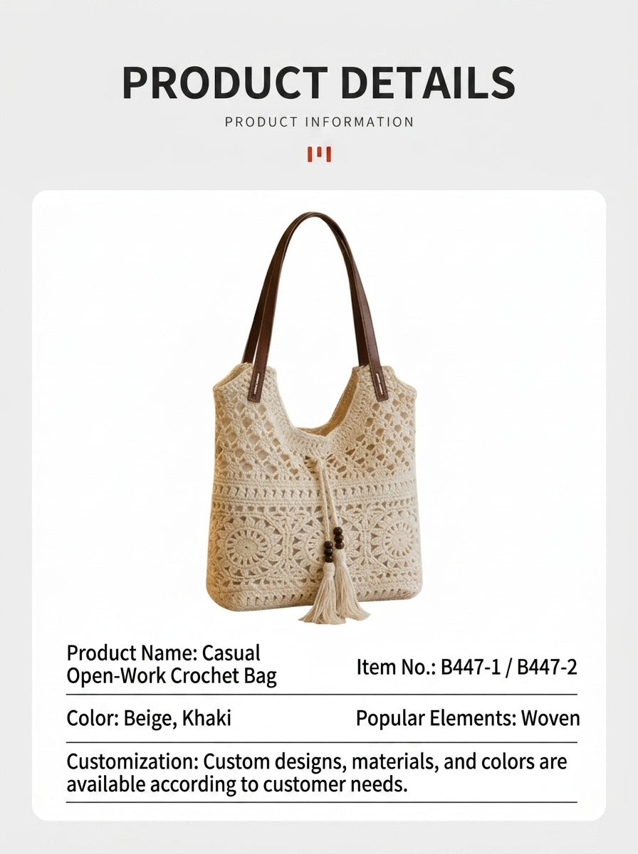 Bohemian Crochet Hollow-Out Straw Tote Bag - Handmade Mesh Shoulder Purse with Wooden Bead Tassels