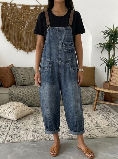 Vintage Washed Denim Bib Overalls for Women - Flattering Relaxed Fit Jean Romper
