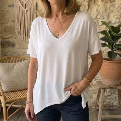 T-shirt ample en modal pour femme - Tunique décontractée à col en V profond
