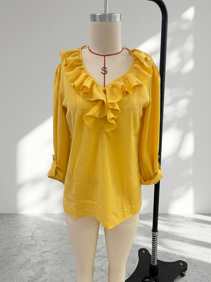 Women's Ruffle V-Neck Chiffon Blouse | Casual Solid Color Three-Quarter Sleeve Shirt Top