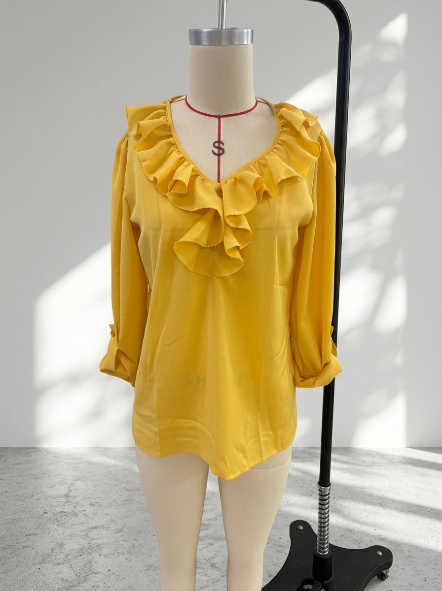 Women's Ruffle V-Neck Chiffon Blouse | Casual Solid Color Three-Quarter Sleeve Shirt Top