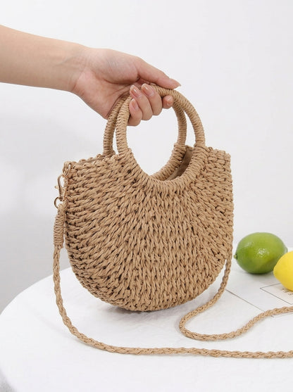 Handmade Half-Moon Straw Crossbody Bag - Vintage Paper Rope Woven Tote & Beach Shoulder Purse with Top Handle