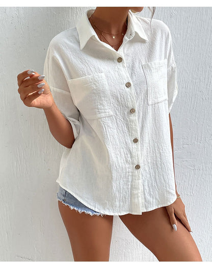 French Romance Ruffle Blouse - White V-Neck Linen-Blend Top