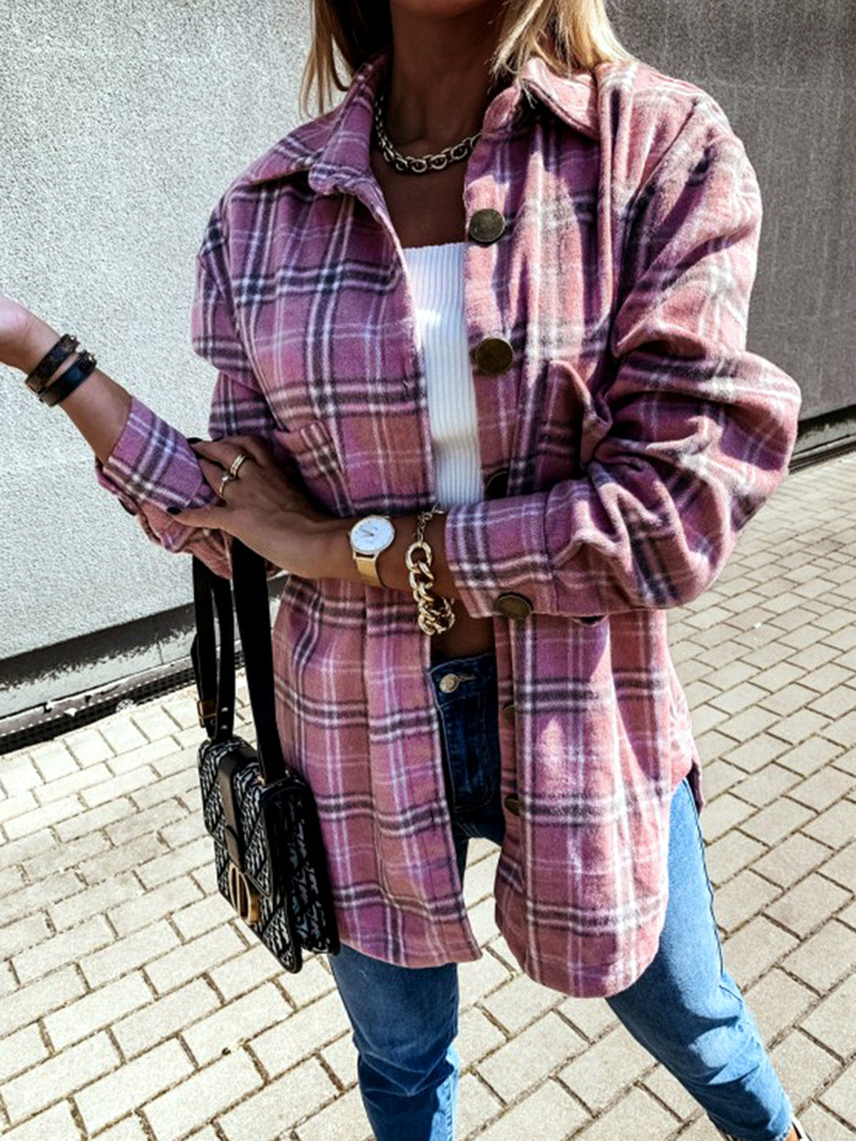 Women's Plaid Point-Collar Patchwork Relaxed-Fit Long-Sleeve Woven-Panel Cardigan - product detail view 9