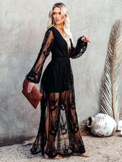 Women's Solid-Color V-Neck Lace-Trim Zip-Front Long-Sleeve Dress - product detail view 9