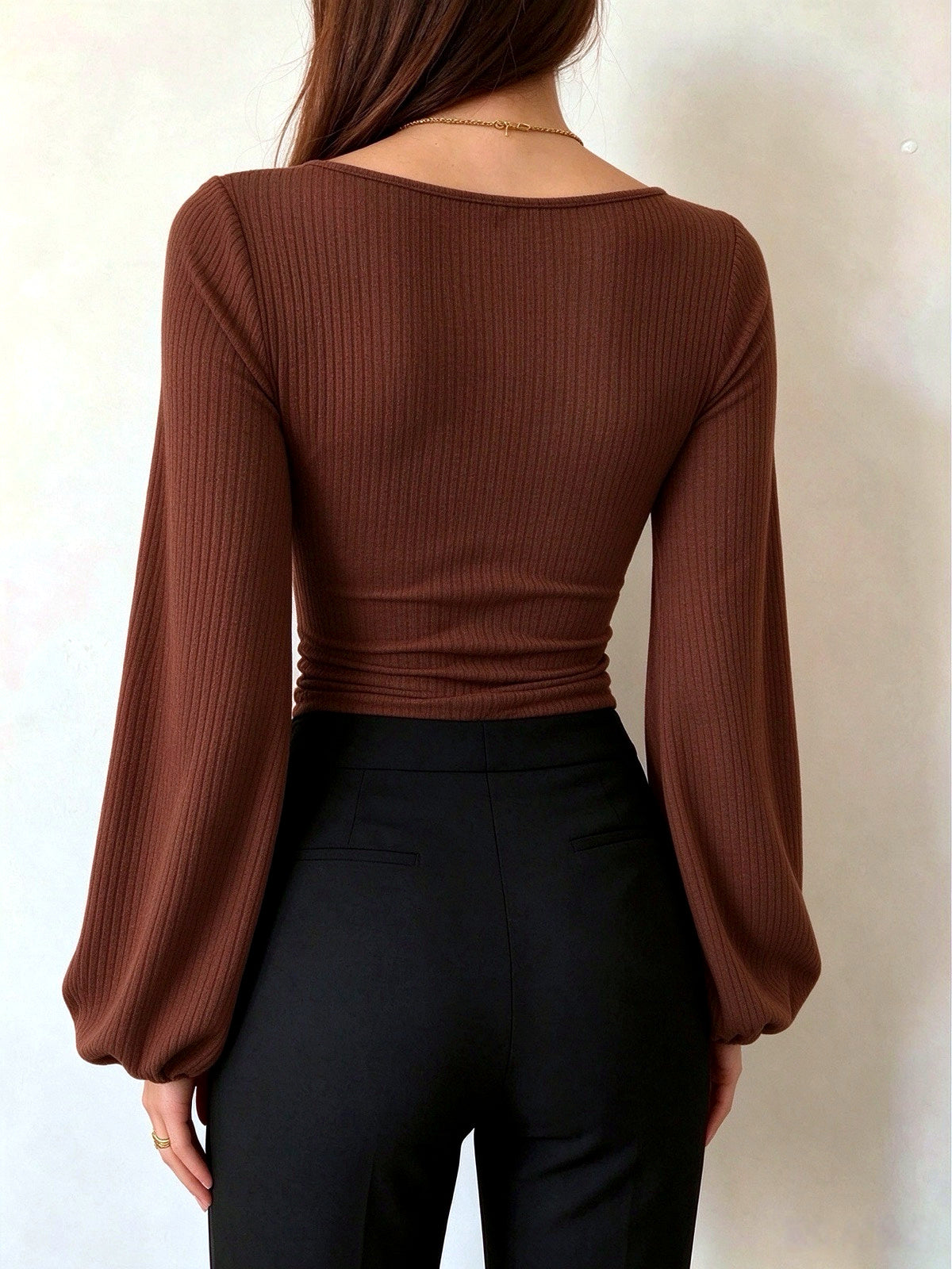 Women's Knit Slim-Fit Long-Sleeve Puff-Sleeve Stretch Top - product detail view 6