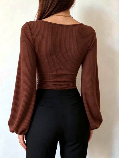 Women's Knit Slim-Fit Long-Sleeve Puff-Sleeve Stretch Top - product detail view 6