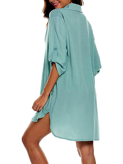 Women's Patchwork Solid-Color Relaxed-Fit Pocket Mid-Length Vacation Dress - product detail view 6