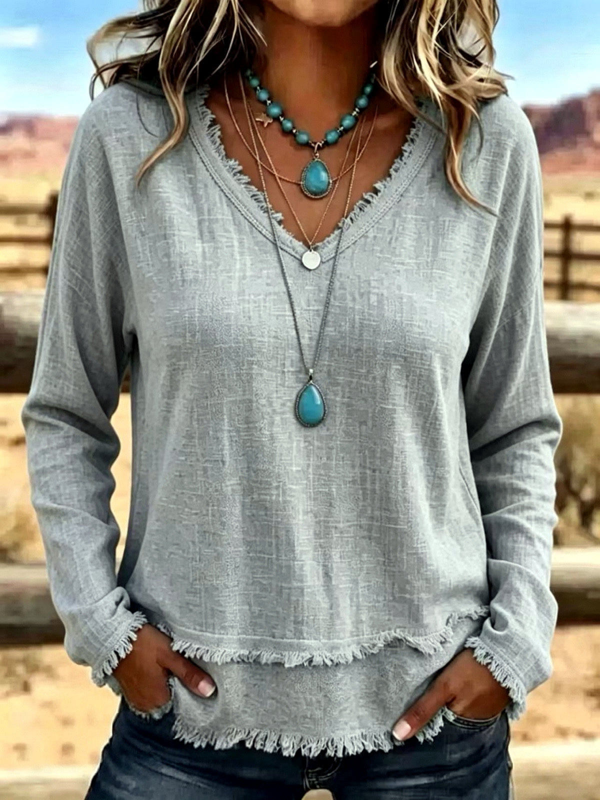 Women's Solid-Color V-Neck Relaxed-Fit Long-Sleeve T-Shirt in Gray - product view