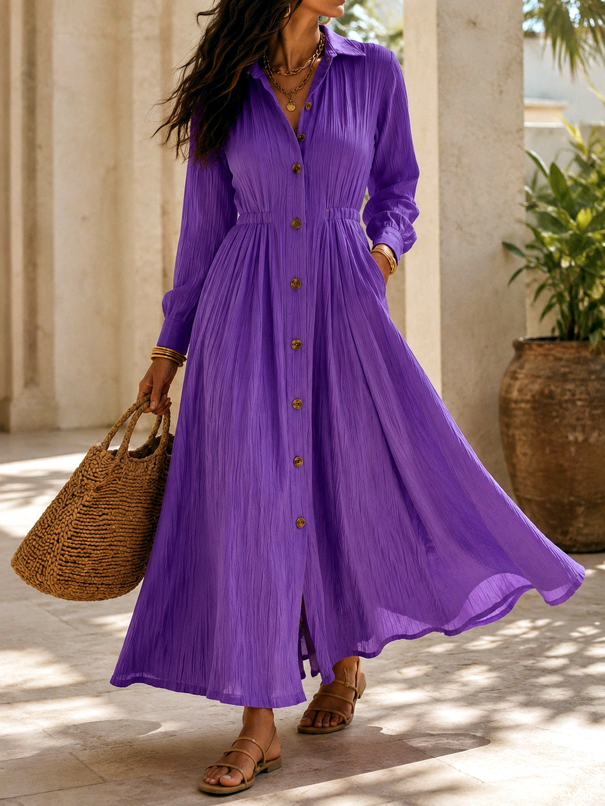 Women's Solid-Color Relaxed-Fit Slim-Fit Point-Collar Long-Sleeve Vacation Dress - product detail view 4