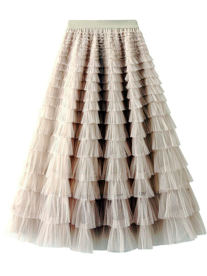 Women's Solid-Color Patchwork Longline Stretch Midi High-Waist Skirt in Apricot - product view