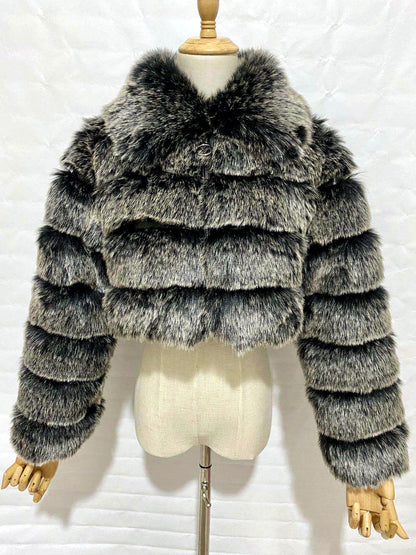 Women's Faux-Fur Point-Collar Stand-Collar Patchwork Long-Sleeve Coat in Silver - product view
