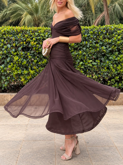 Women's Printed Solid-Color V-Neck Off-Shoulder Pullover Stretch Dress