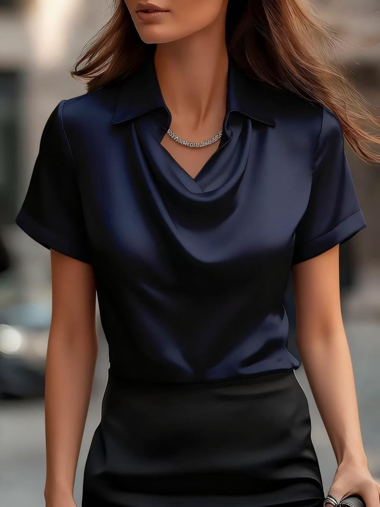 Elegant Short Sleeve Silk-Touch Shirt | Fluid Polo Collar Satin Top for Women