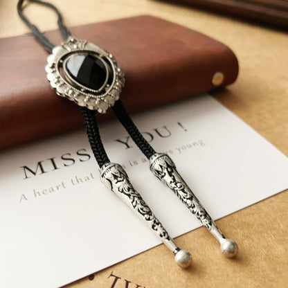 Retro teardrop-shaped obsidian bolo ties, Western cowboy bolo tie