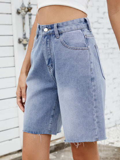 Women’s Washed Straight Denim Bermuda Shorts Raw Hem Casual Streetwear Jean Shorts