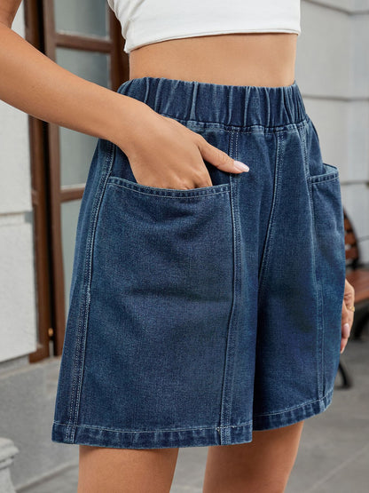 Women’s Elastic Waist Washed Denim Bermuda Shorts Loose Fit Summer Casual Jean Shorts with Pockets