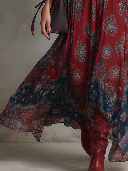 Robe longue sans manches en mousseline de soie à imprimé bohème ethnique rétro