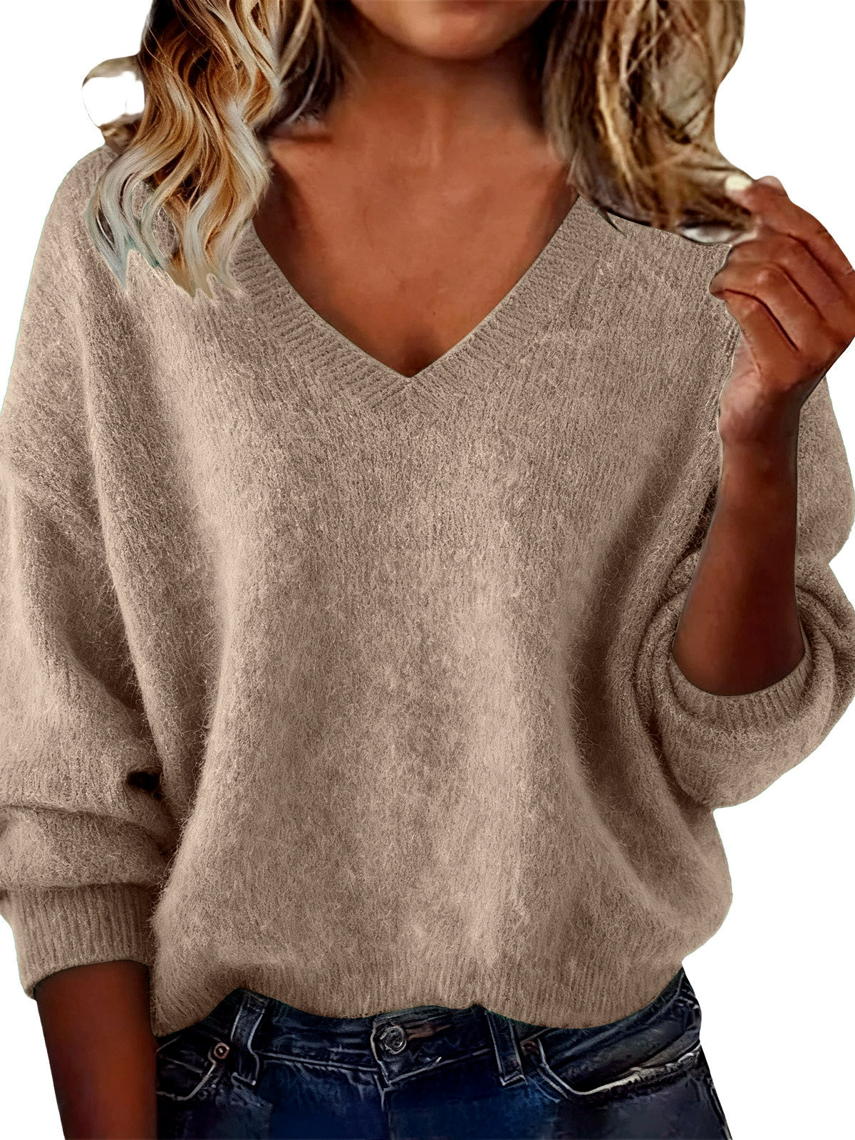 Women's V Solid Color Long Sleeve Knit Patchwork Relaxed-Fit Sweater - product detail view 2