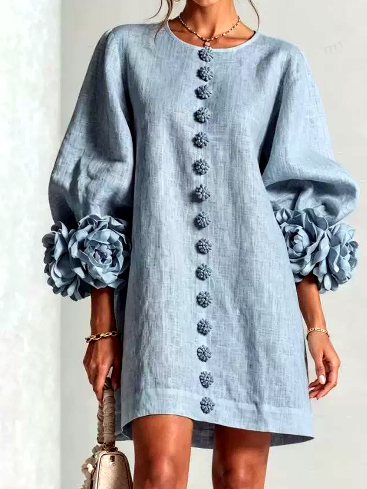 Women's Solid-Color Crew-Neck Button-Front Pullover Relaxed-Fit Dress in Blue - product view