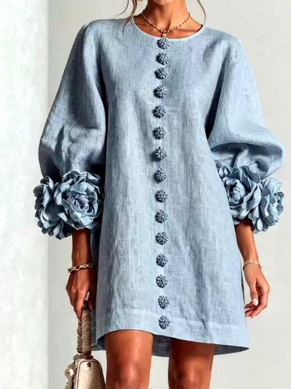 Women's Solid-Color Crew-Neck Button-Front Pullover Relaxed-Fit Dress in Blue - product view
