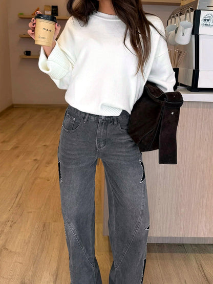 Women's Washed Straight Leg Jeans Mid Rise Loose Denim Pants - product detail view 9