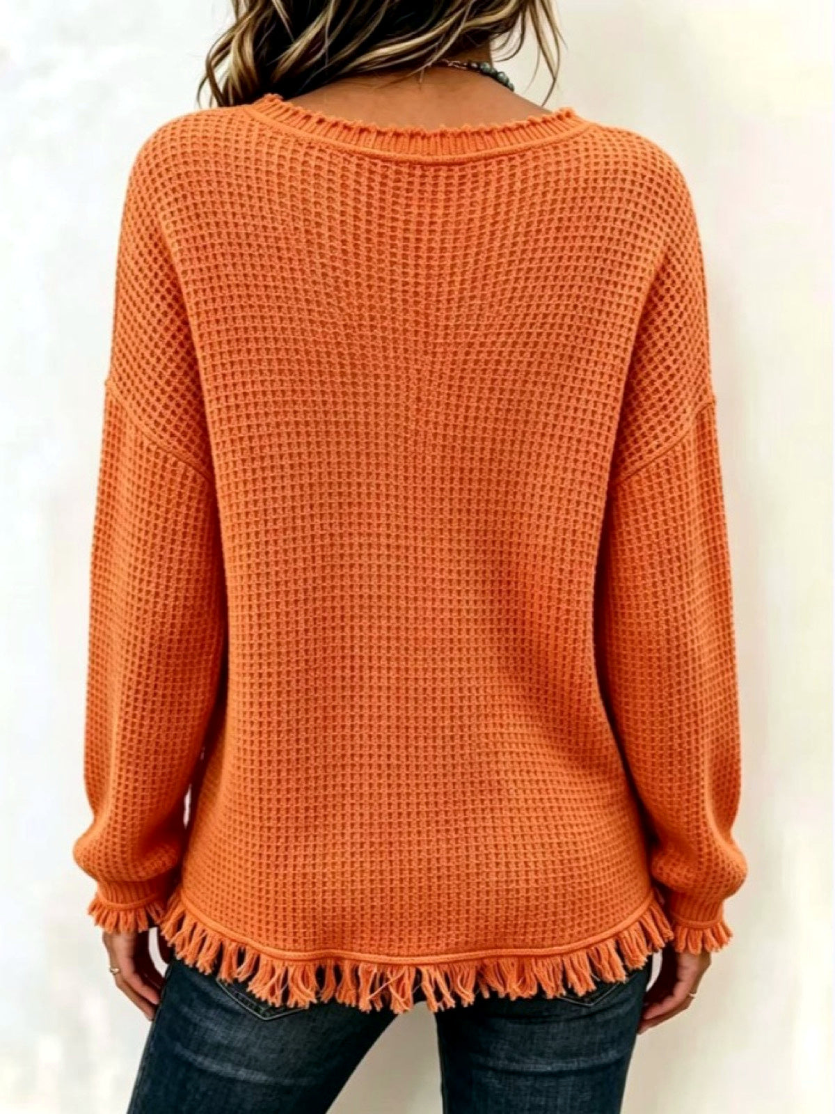 Women's Solid-Color V-Neck Fringe-Trim Relaxed-Fit Long-Sleeve Shirt - product detail view 3